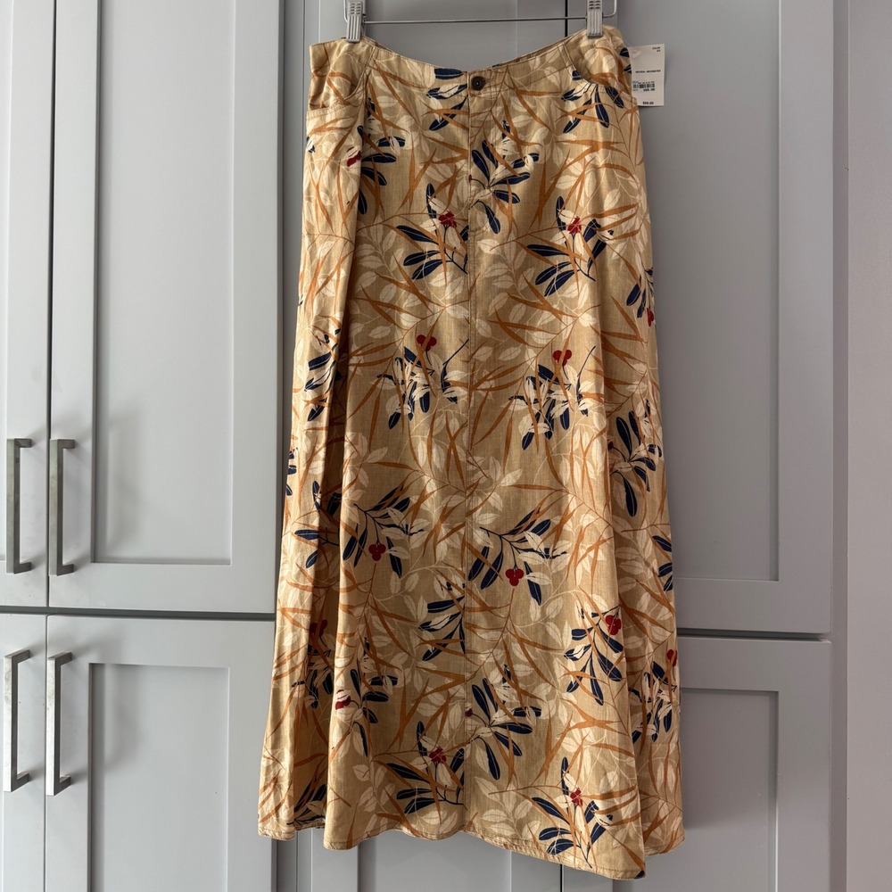 NWT Vintage Liz Claiborne Linen Blend Maxi Skirt Tan Botanical Print‎ Size 14